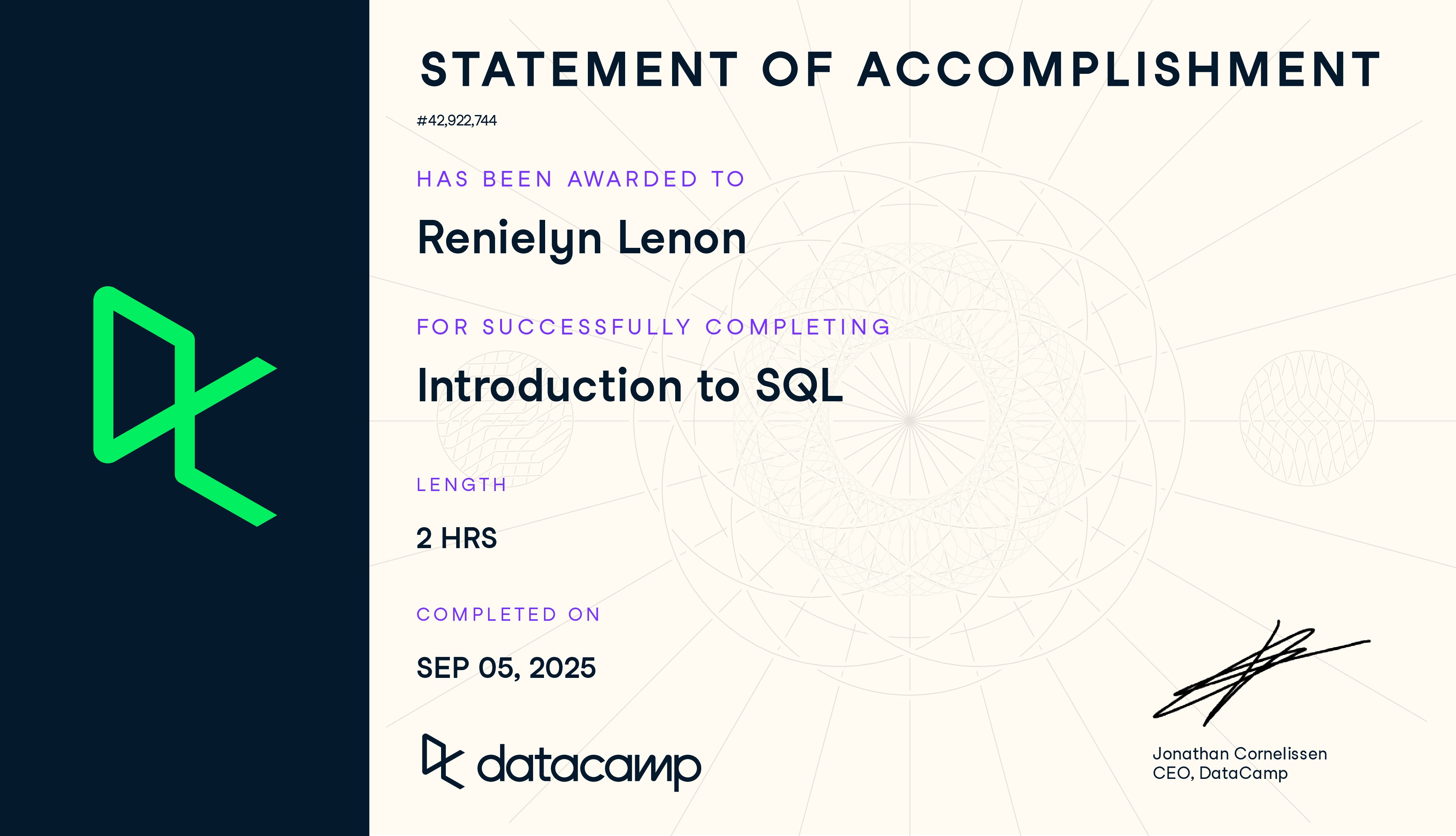 Introduction to SQL Certificate by DataCamp - Renielyn Lenon